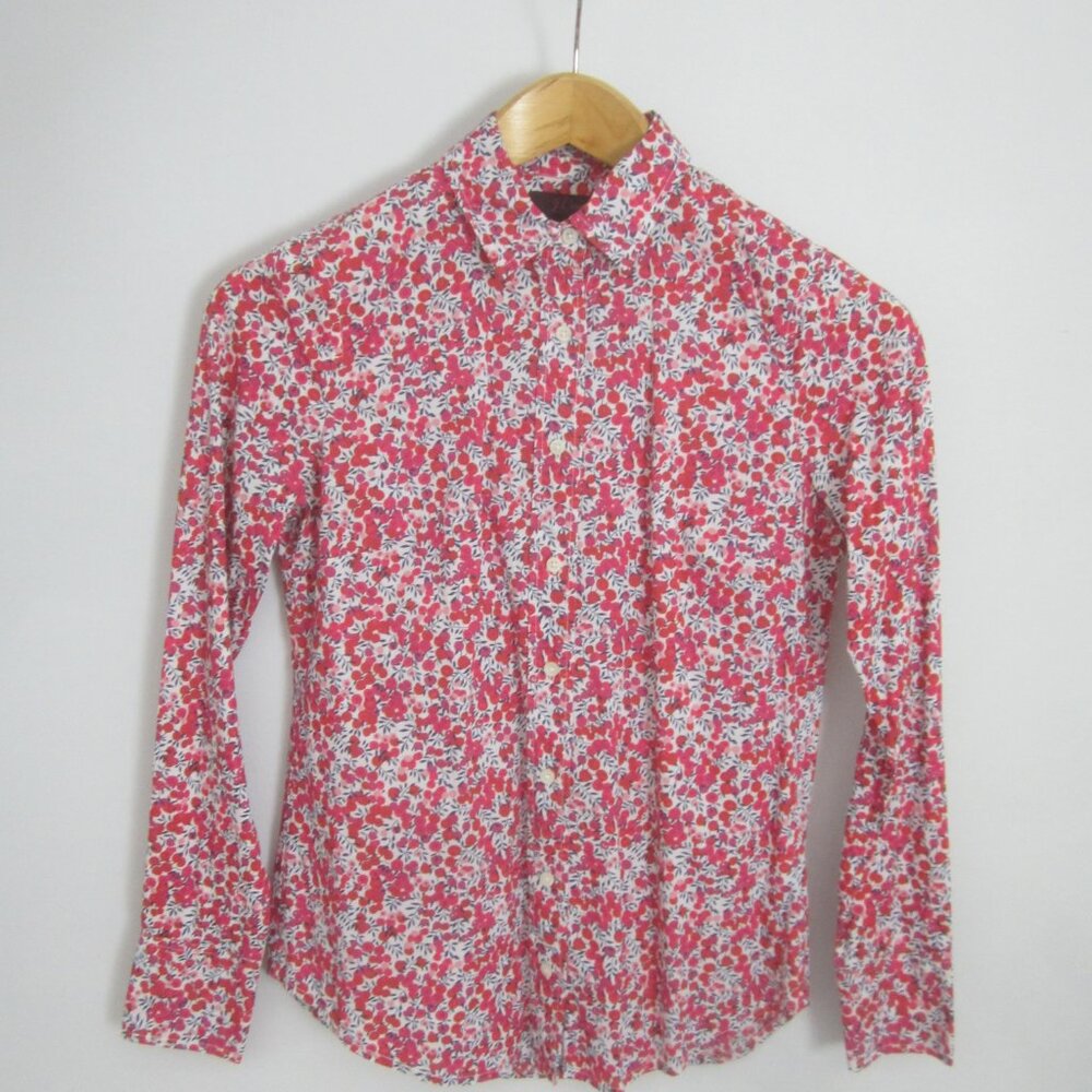 J Crew Liberty of London Shirt Womens 00 Red White Cherries LS Cotton Shirt